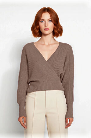 Kadın Casual V Yaka Kruvaze Triko Kazak Regular Kalıp Tek Plaka Dokuma Rahat Kışlık Seçim Kaliteli