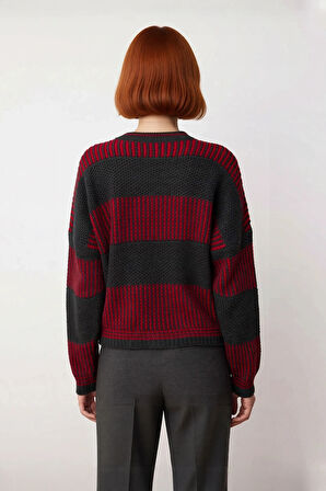 Kadın Basic Siluet Uzun Kollu Oversize Kesim Renk Bloklu Pike Dokuma Triko Kazak Kış Kombinlerinin