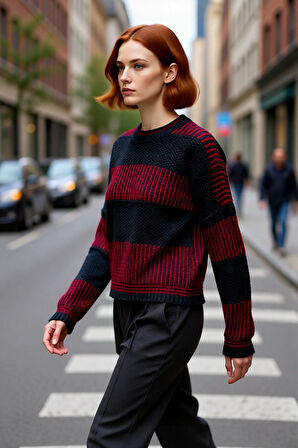 Kadın Basic Siluet Uzun Kollu Oversize Kesim Renk Bloklu Pike Dokuma Triko Kazak Kış Kombinlerinin