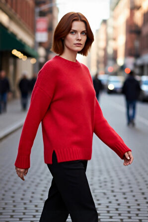 Kadın Casual Şık Oversize Kalın Triko Kazak Bisiklet Yaka Rahat Uzun Boy Soğuk Havalar Kaliteli