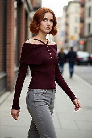 Kadın Zarif Carmen Yaka Askılı Tasarım Fitted Triko Kazak Düz Desenli Uzun Kollu Çok Yönlü Kombin