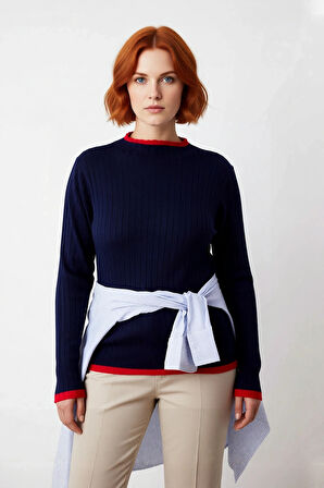 Kadın Basic Siluet İnce Akrilik Dokuma Fitilli Dik Yaka Triko Kazak Standart Uzun Kollu Model