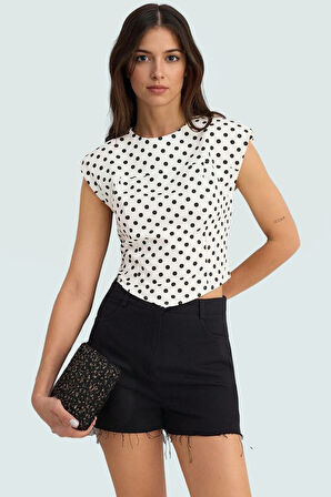 Pamuklu Gabardin Bluz Puantiyeli Desen Bisiklet Yaka Crop Fitted Dayanıklı Malzeme