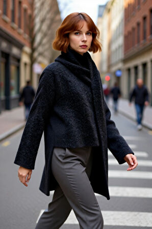 Kadın Rahat Şal Yaka Düşük Kol Kalın Triko Kazak Gri Kış Sezonu Crop Boy Günlük Kullanım Kaliteli