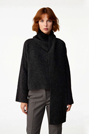 Kadın Rahat Şal Yaka Düşük Kol Kalın Triko Kazak Gri Kış Sezonu Crop Boy Günlük Kullanım Kaliteli