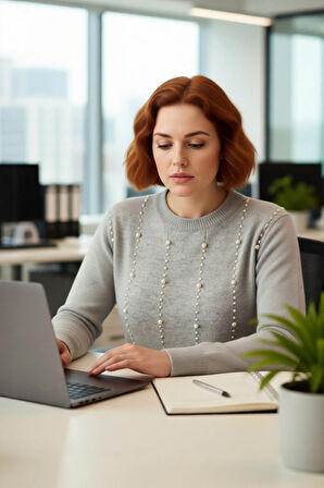 Kadın İnci Detaylı Regular Kalıp Bisiklet Yaka Triko Kazak Günlük Kombinleriniz İçin İdeal Tercih