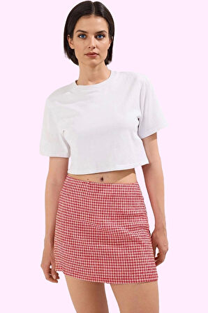 Kadın Yazlık Kısa Örme Etek Ekose Desen Normal Bel Gofre Dokuma Yaz Aylarının Vazgeçilmezi