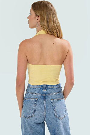 Aksesuar Detaylı Örme Crop Bluz %96 Viskoz %4 Elastan Yazlık Günlük Özenle Seçilmiş