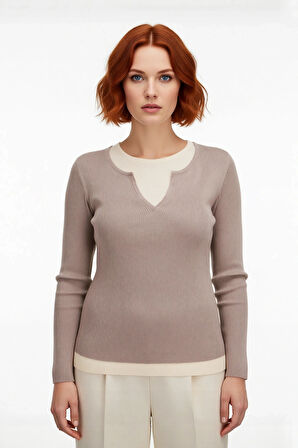 Kadın Bej Triko Kazak Fitted Kesim Polyester Fitilli Çift Katman Görünümlü Günlük Şık İnce Yapı