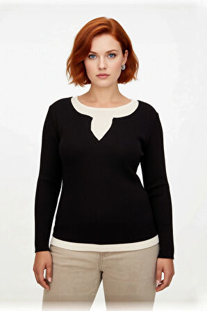 Kadın Bej Triko Kazak Fitted Kesim Polyester Fitilli Çift Katman Görünümlü Günlük Şık İnce Yapı