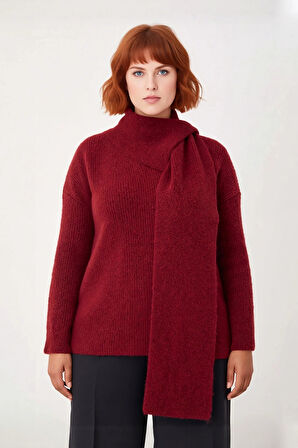 Kadın Düz Desen Bordo Triko Kazak Şal Detaylı Yün İçerikli Kalın Yapısı ile Kışlık Rahatlık Sunar