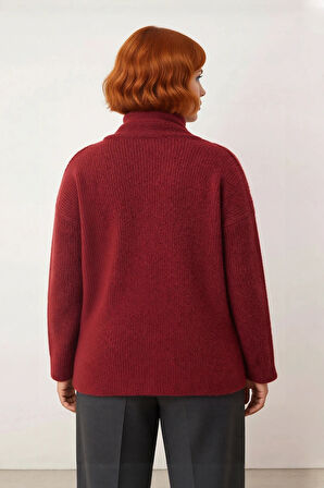 Kadın Düz Desen Bordo Triko Kazak Şal Detaylı Yün İçerikli Kalın Yapısı ile Kışlık Rahatlık Sunar