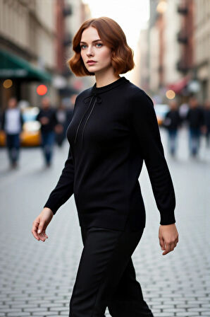 Kadın Bisiklet Yaka Siyah Dantel ve Kurdele Fiyonk Detaylı Regular Akrilik Triko Kazak Sonbahar Kış