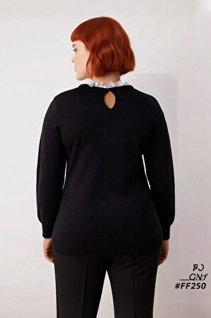 Kadın Bisiklet Yaka Siyah Dantel ve Kurdele Fiyonk Detaylı Regular Akrilik Triko Kazak Sonbahar Kış