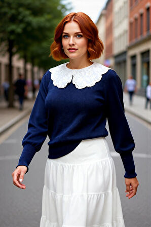 Kadın Lacivert Regular Kalıp Triko Kazak Dantel Gömlek Yaka Tasarımı ile Kış Şıklığı Kaliteli