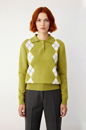 Kadın Baklava Desenli Polo Yaka Triko Kazak Kış ve Sonbahar Şıklığınıza Klasik Bir Dokunuş