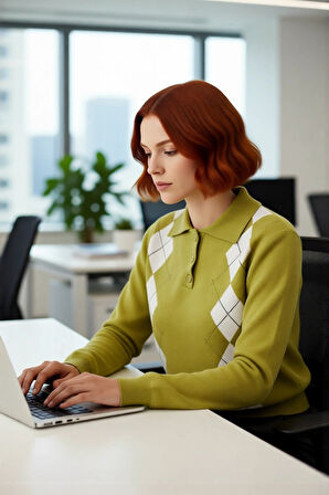 Kadın Baklava Desenli Polo Yaka Triko Kazak Kış ve Sonbahar Şıklığınıza Klasik Bir Dokunuş