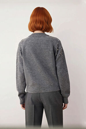 Kadın Antrasit Bisiklet Yaka Reglan Kollu Günlük Şık Taş Detaylı Kalın Triko Kazak Modeli Kaliteli