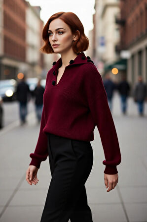 Kadın Casual Regular Kalıp Düşük Kol Akrilik Triko Devrik Yaka Gül Detaylı Şık Kışlık Kazak