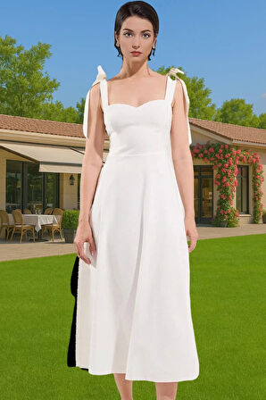 Bağcıklı Askılı A Kesim Midi Abiye Elbise Finike Dokuma Kumaştan Trend Tasarım Zarifane Tasarım