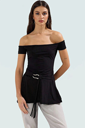 Rahat Yazlık Örme Bluz Uzun Kemer Detaylı Carmen Yaka Kaliteli İşçilik Seçkin Malzeme