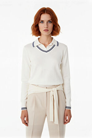 Kadın Triko Kazak İnce Yapılı Regular Kesim Polo Yaka Standart Kollu Şık ve Modern Tasarım