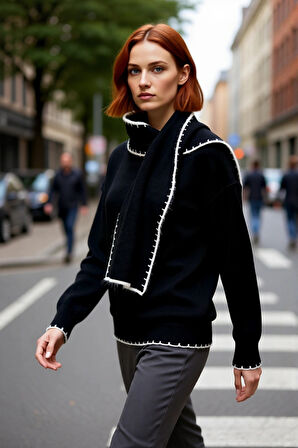 Kadın Dik Yaka Oversize Triko Kazak Şal Detayları İle Kış Kombinlerinize Elegans Katın Kaliteli