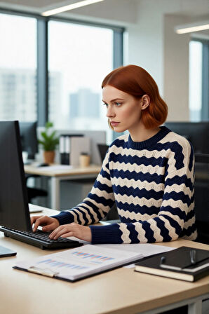 Kadın Lacivert Ekru Dalgalı Ajurlu Bisiklet Yaka Düşük Kol Oversize Yumuşak Triko Kazak Kaliteli