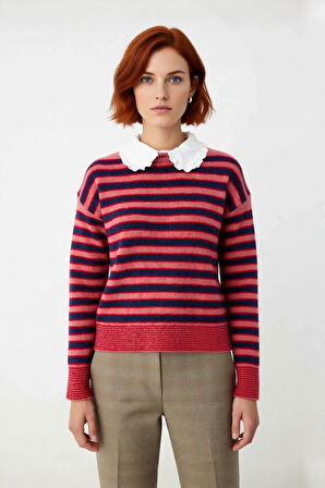 Kadın Günlük Triko Kazak Çıkarılabilir Yaka Detayıyla Renk Bloklu Kalın Düşük Kollu Kışlık Şıklık