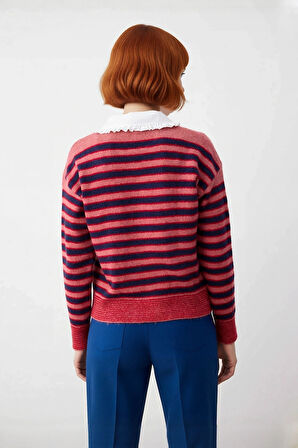 Kadın Günlük Triko Kazak Çıkarılabilir Yaka Detayıyla Renk Bloklu Kalın Düşük Kollu Kışlık Şıklık