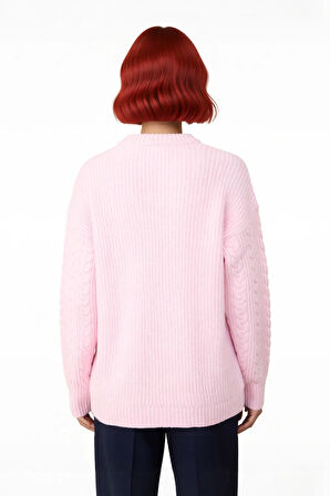 Kadın Rahat Kalıp Saç Örgü Detaylı Bisiklet Yaka Triko Kazak Soğuk Havalar İçin Şık Ve Konforlu