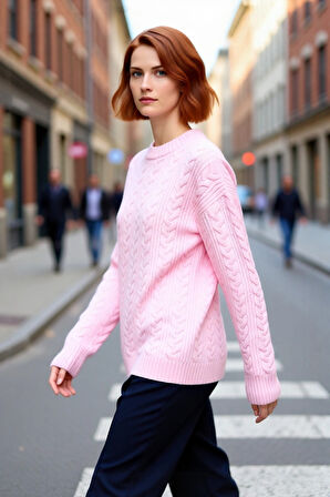 Kadın Rahat Kalıp Saç Örgü Detaylı Bisiklet Yaka Triko Kazak Soğuk Havalar İçin Şık Ve Konforlu