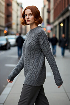 Kadın Rahat Kalıp Saç Örgü Detaylı Bisiklet Yaka Triko Kazak Soğuk Havalar İçin Şık Ve Konforlu