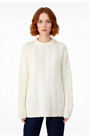 Kadın Rahat Kalıp Saç Örgü Detaylı Bisiklet Yaka Triko Kazak Soğuk Havalar İçin Şık Ve Konforlu