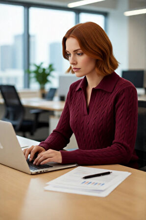 Şık Tasarım Kadın Regular Kalıp Saç Örgülü Polo Yaka Triko Kazak Günlük Giyim İçin İdeal Kaliteli