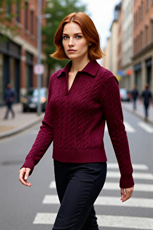 Şık Tasarım Kadın Regular Kalıp Saç Örgülü Polo Yaka Triko Kazak Günlük Giyim İçin İdeal Kaliteli