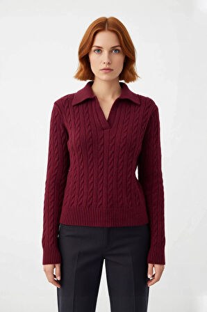 Şık Tasarım Kadın Regular Kalıp Saç Örgülü Polo Yaka Triko Kazak Günlük Giyim İçin İdeal Kaliteli