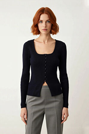 Şık Kadın Ekru Çizgili Kare Yaka Uzun Kol Fitted Triko Kazak %100 Akrilik Bahar Stili Kaliteli