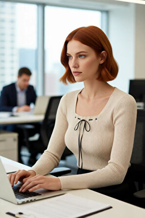 Kadınlara Özel Bej Rengi Kare Yaka Fitted Triko Kazak Uzun Kollu Yapısıyla Casual Tarzınızı