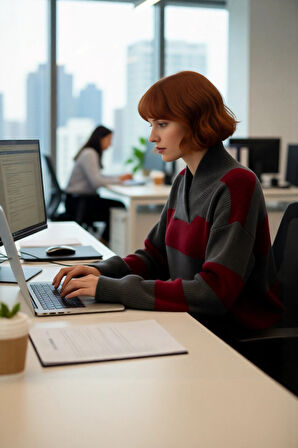 Kadın Soğuk Havalar İçin Oversize Düşük Kol V Yaka Çizgili Triko Kazak Trend Tasarım Kaliteli