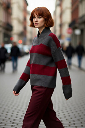 Kadın Soğuk Havalar İçin Oversize Düşük Kol V Yaka Çizgili Triko Kazak Trend Tasarım Kaliteli