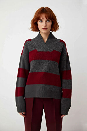 Kadın Soğuk Havalar İçin Oversize Düşük Kol V Yaka Çizgili Triko Kazak Trend Tasarım Kaliteli