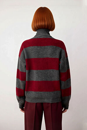 Kadın Soğuk Havalar İçin Oversize Düşük Kol V Yaka Çizgili Triko Kazak Trend Tasarım Kaliteli