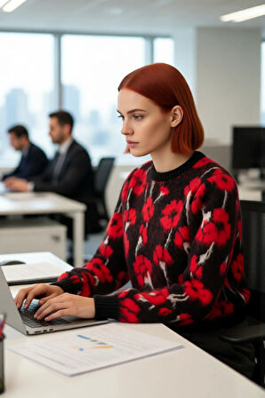 Kadın Kalın Çiçekli Triko Kazak Regular Kesim Bisiklet Yaka Düşük Kol Günlük Kombinler İçin Şık