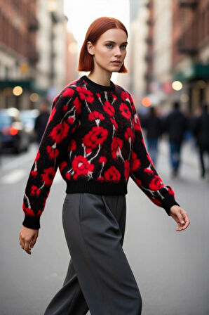 Kadın Kalın Çiçekli Triko Kazak Regular Kesim Bisiklet Yaka Düşük Kol Günlük Kombinler İçin Şık