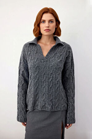 Kadın Şık Oversize Apaş Yaka Saç Örgü Triko Kazak Modern Tasarım Kışlık Günlük Giyim İçin İdeal