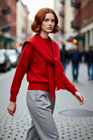 Kadın Bisiklet Yaka Oversize Kesim Düşük Kol Kalın Triko Kazak Soğuk Havalarda Konforlu ve Modern