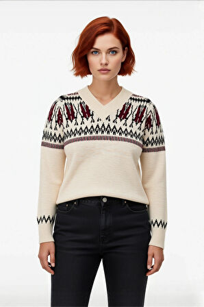 Kadın Kış Sezonu Kalın Triko Geometrik Desenli V Yaka Regular Kalıp Reglan Kol Kazak Kaliteli