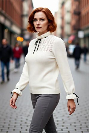 Kadın Casual Akrilik Triko Kazak Ajurlu Desen Dik Yaka Kurdele Detaylı Düşük Kol Kışlık Model