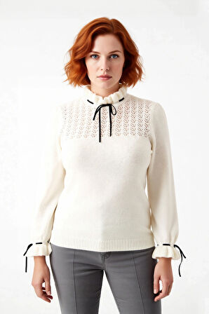 Kadın Casual Akrilik Triko Kazak Ajurlu Desen Dik Yaka Kurdele Detaylı Düşük Kol Kışlık Model